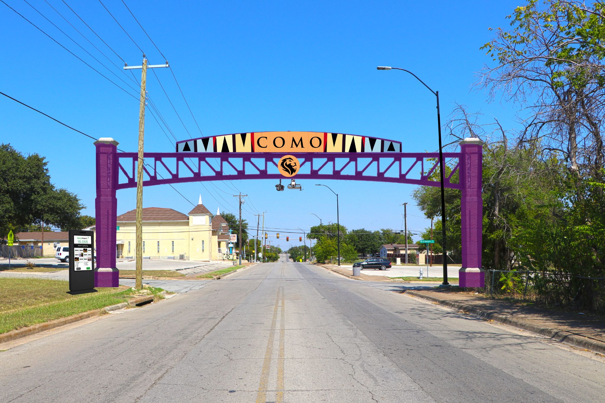 Rendering of the purple Movement Portal gateway across a street in Lake Como, Fort Worth